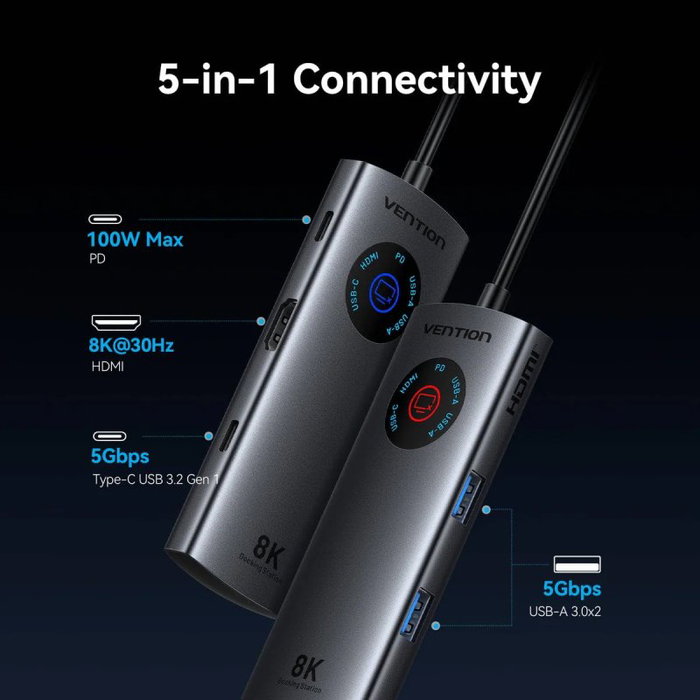 Vention Docking Station 8K 5 en 1 USB-C Gris TQXHB